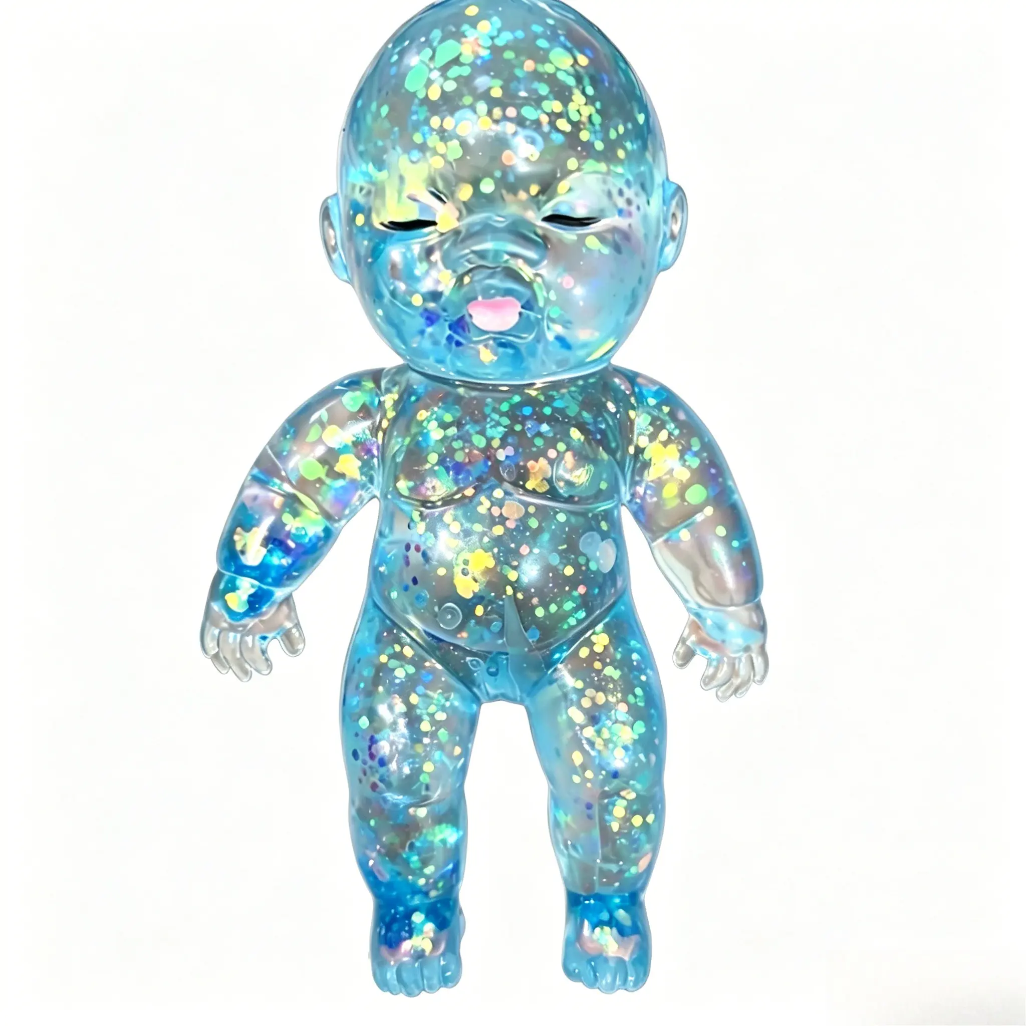 14cm Clear Sky Blue Glitter Baby Squish Toy Non Toxic TPR Stretchable Squeeze Doll Oddly Satisfying ASMR Fidget Toy Anxiety Stress Relief Desk Toy Gift for  Adult Collectors boy girl
