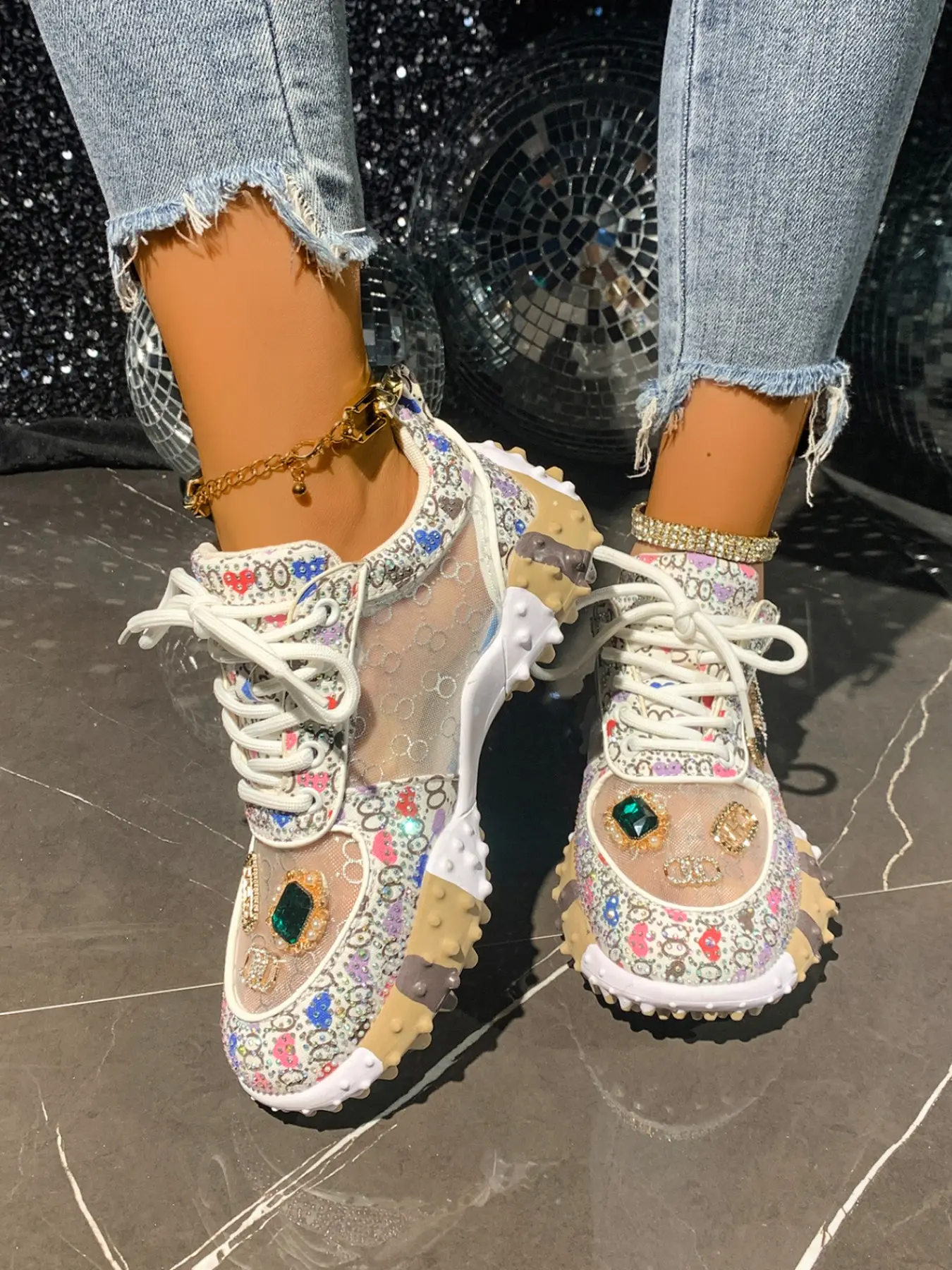 Women's Breathable Mesh Fabric Sneakers, Textile Sneakers, Low Top Sneakers, Thick Soled Sneakers, Spring Summer Casual Shoes, Thick Sole Retro Print Design, Comfortable Daily Wear Footwear