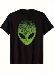 Men'S Alien Head Pattern T-Shirt - Black with Neon Green Alien Face, 51st Area Roswell UFO Propulsion Theory Shirt - Essential for Science Fiction and Comic Conventions - Casual Style, Retro Print Top, Comfortable Fit