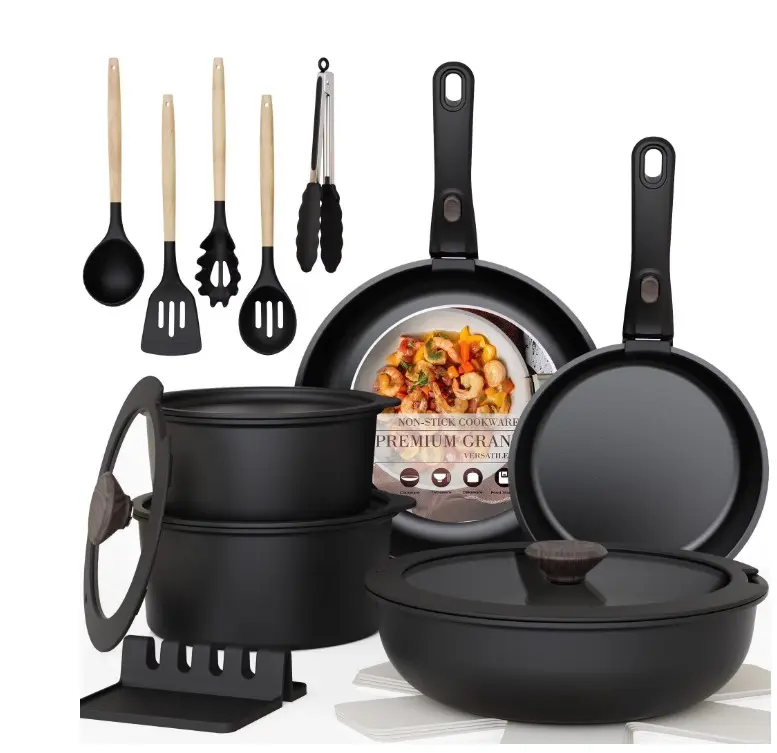 Astercook 20-Piece Ceramic Nonstick Cookware Set, Detachable Handles, Oven & Dishwasher Safe, Induction Compatible, Stackable RV Kitchen Cooking Set, Black
