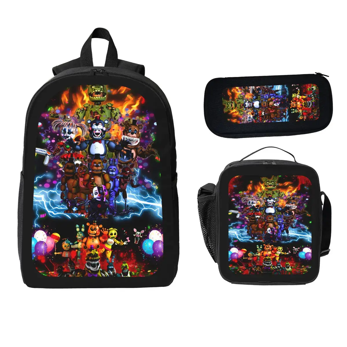 Horror Five Nights At Game Freddy'S Backpack Cute School Backpack Cartoon Back Pack School Book Bag Lightweight Schoolbag With Lunch Bag Box And Pencil Case For Boys Girls Gifts-A