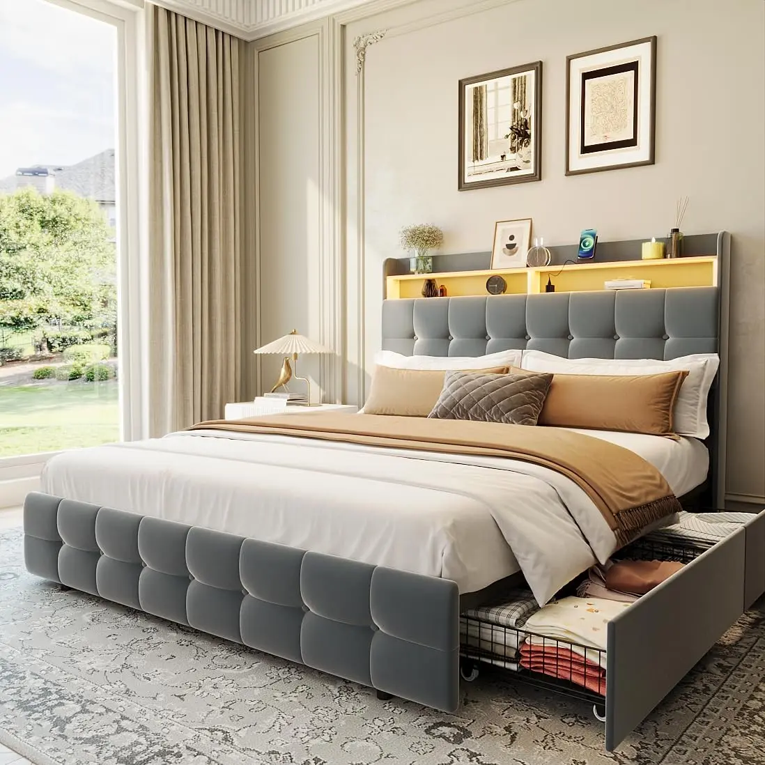 Garvee - Full Upholstered Queen Size Bed Frame with 2 Storage Drawers, Full Upholstered Bed Frame with LED Light, Double Layer Headboard with Charging Outlet and USB Port, Soft Plush Fabric