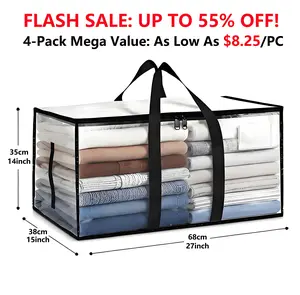 Clear Extra Large Moving Bags, Heavy-Duty Waterproof Storage Tote Bag with Reinforced Handles & Zippers, Transparent Organizer for Clothes, Bedding, Dorm, Moving (Clear - 88L)