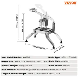 VEVOR Commercial Vegetable Slicer, 3/8 and 3/16 Tomato Slicer, Stainless Steel and Aluminum Alloy Vegetable Cutter Slicer, Manual Tomato Slicer with Non-slip Feet, for Tomatoes, Potatoes, Onions