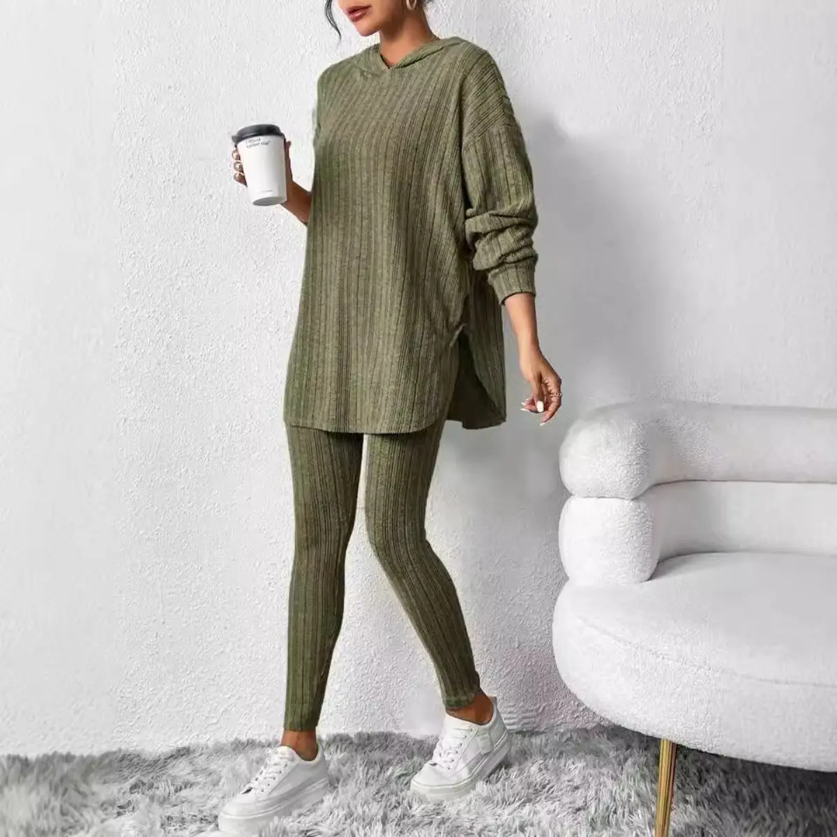 Women's Ribbed Hooded 2 Piece Outfit, Loose Long Sleeve Top & Long Pants Set, Solid Color Casual Loungewear