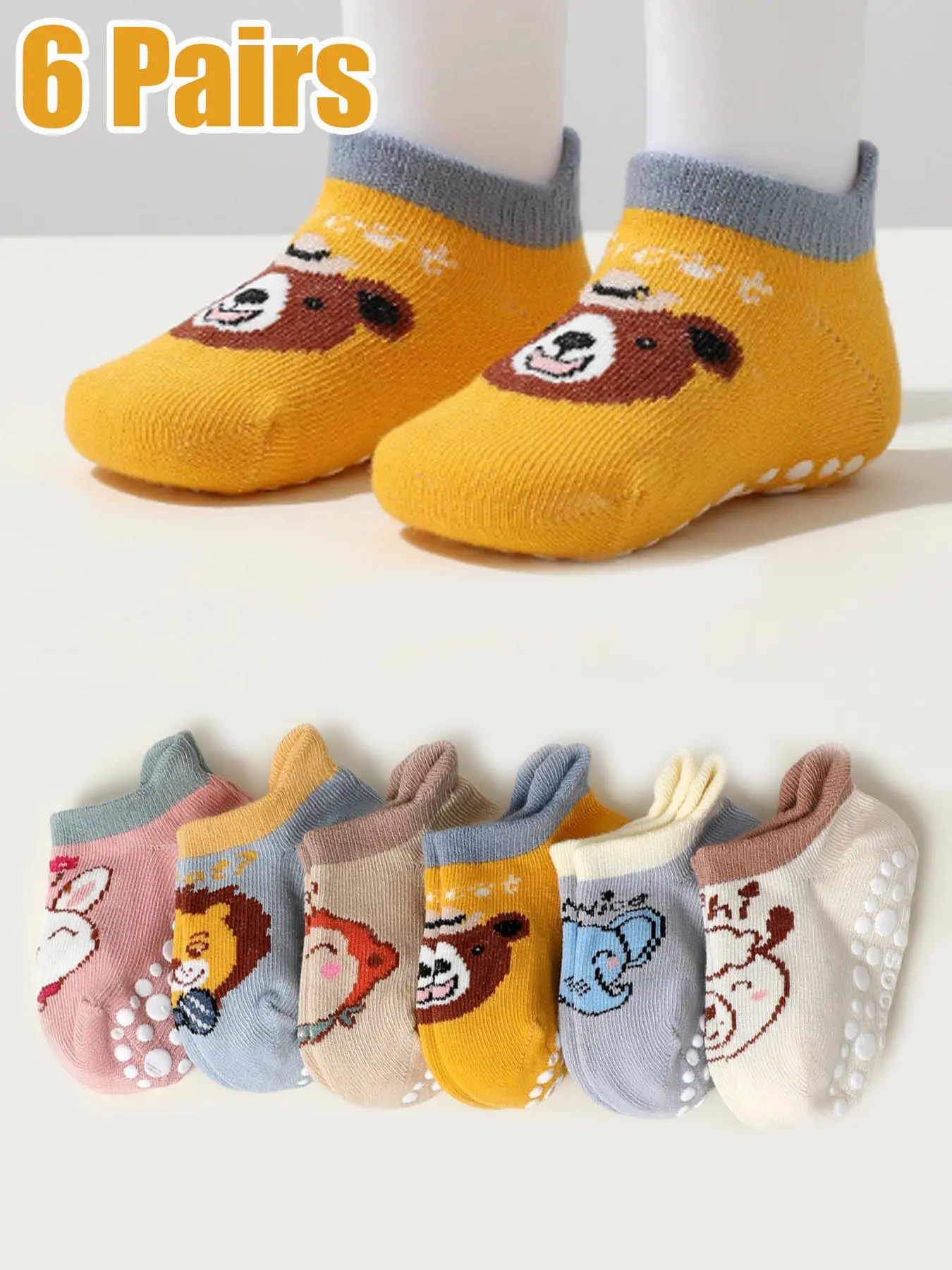 6 Pairs Kids Socks, Soft Comfy Socks, Baby Toddler Non-Slip Indoor Floor Socks, Cartoon Animal Design, Unisex Children Anti-Skid Socks for Boys & Girls, Toddler Grip Socks
