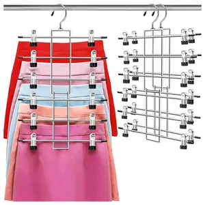 2pcs Pants Hangers, Space Saving Hanging Closet Organizer - 6 Tiers Skirt Hangers with 360° Swivel Hook, Hangers Space Saving with Clips