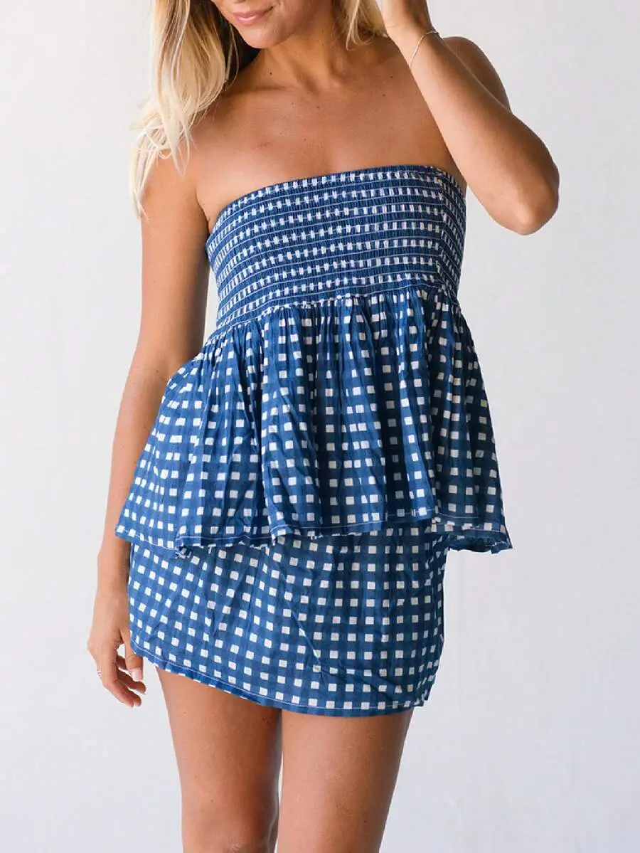 LAMINA Women 2 Piece Skirt Set Y2k Striped Print Tube Tops Set Summer Cute Ruffled Bandeau Mini Skirt Outfits Streetwear