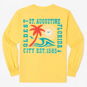 St. Augustine Oldest City Long Sleeve Shirt – Yellow, Fitted Crewneck, Tropical Graphic, Soft Cotton, Casual Menswear Top