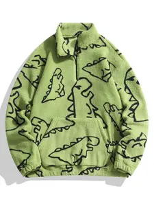 Men's Dinosaur Print Drop Shoulder Zip Up Plush Hoodie, Regular Fit Casual Long Sleeve Stand Collar Sweatshirt for Fall & Winter, Men's Clothes for Daily Wear, Graphic Print Hoodie