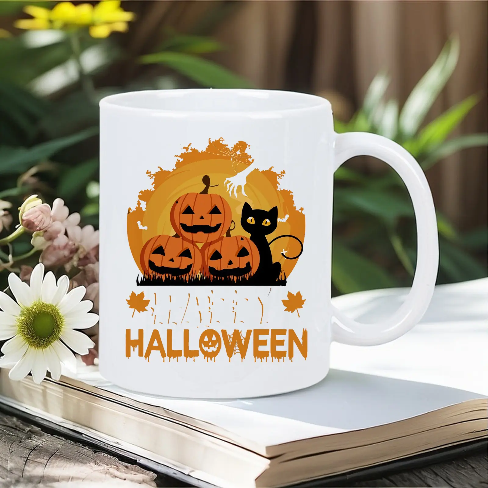 Happy Halloween Pumpkin Black Cat Ceramic Coffee Mug, Spooky Fall 11oz Holiday Cup, Halloween Party Gift