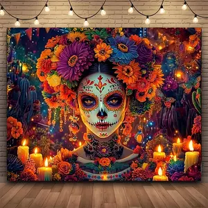 1pc Extra Large Polyester Sugar Skull Tapestry, Vibrant Day of the Dead Wall Decor, Ideal for Mexican Fiesta Party Backdrop, Photo Booth Prop, Celebration Decoration