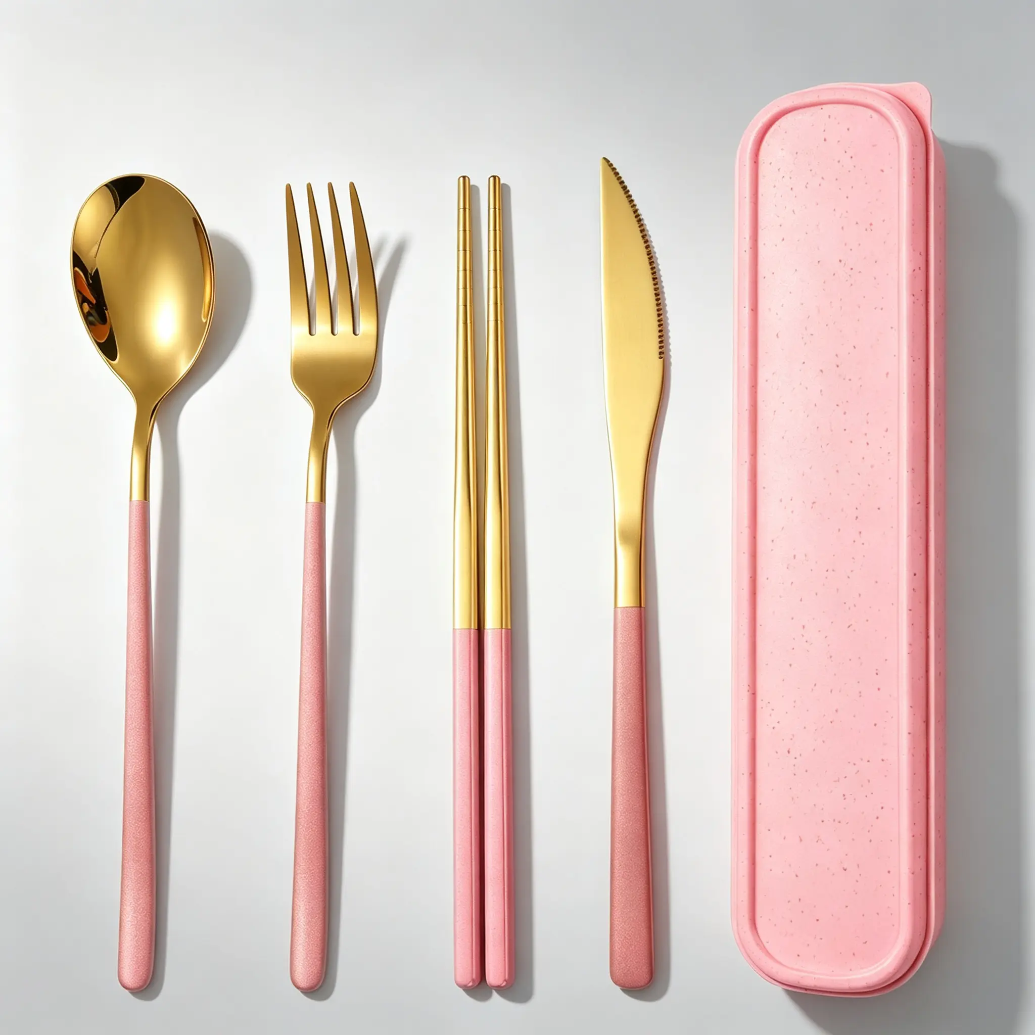 travel  cutlery，Pink Gold Portable Utensils Set, 304 Stainless Steel Reusable Flatware with Wheat Straw Carrying Case, 5-Piece Travel Cutlery Set Includes Spoon Fork Knife Chopsticks for Lunch Camping School Office dishwasher safe personalized dining