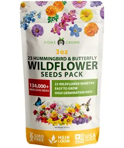 HOME GROWN 130,000+ Wildflower Seeds - Premium Birds & Butterflies Wildflower Seed Mix [3 Oz] Flower Garden Seeds - Bulk Wild Flowers: 23 Wildflowers Varieties, 100% Non-GMO Perennial Annual Seeds