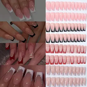 96pcs Nail Art Set, Medium Square Acrylic Tips, Textured Finish, French Heart Design, Includes Storage Box, Ideal for Women and Girls