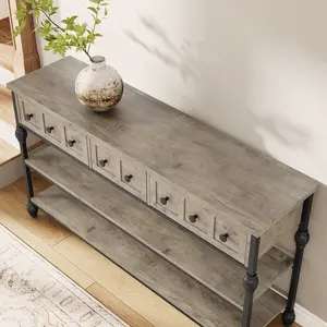 52.5" Industrial Console Table, 3 Drawers & 2 Open Shelves Narrow Sofa Table, Farmhouse Accent Furniture for Hallway Living Room Entryway, Gray Finish