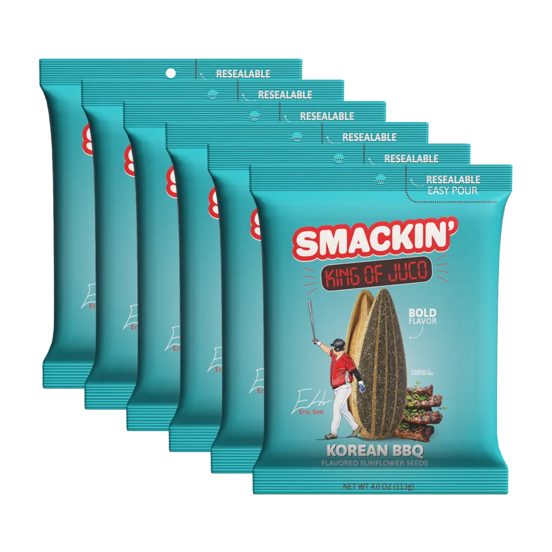 SMACKIN' Sunflower Seeds KING OF JUCO'S KOREAN BBQ - 6 Resealable 4 OZ Bags