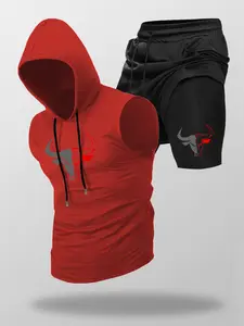 Men's Fashion 2-Piece Set, Cow Print Hooded Sleeveless Vest Top & Drawstring Waist Basketball Shorts, Summer Casual Wear, Activewear, Sporty Style Clothes