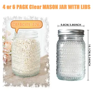4/6 Pack 32 oz Clear/ Blue/ Green/ Pink Diamond Series Wide Mouth Mason Jars for Pickling, Canning, Fermenting and Food Storage for Storing For Storing All kinds of Food