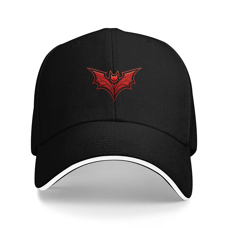 Male Black Vintage Graphic Dad Baseball Cap with Red Bat Logo - Adjustable, Lightweight, Polyester Breathable Fabric, 1 Size, Outdoor Casual/Party Wear