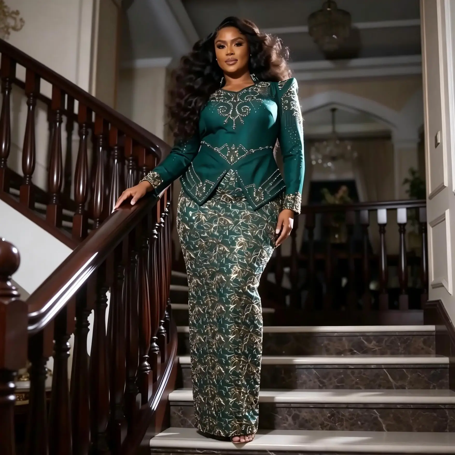 Plus Size Sequin Gown, Elegant Green Long-Sleeve Formal Evening Maxi Dress for Parties and Banquets, Elegant Dresses For Women, Party Fit, Dress Up Gown, Zipper