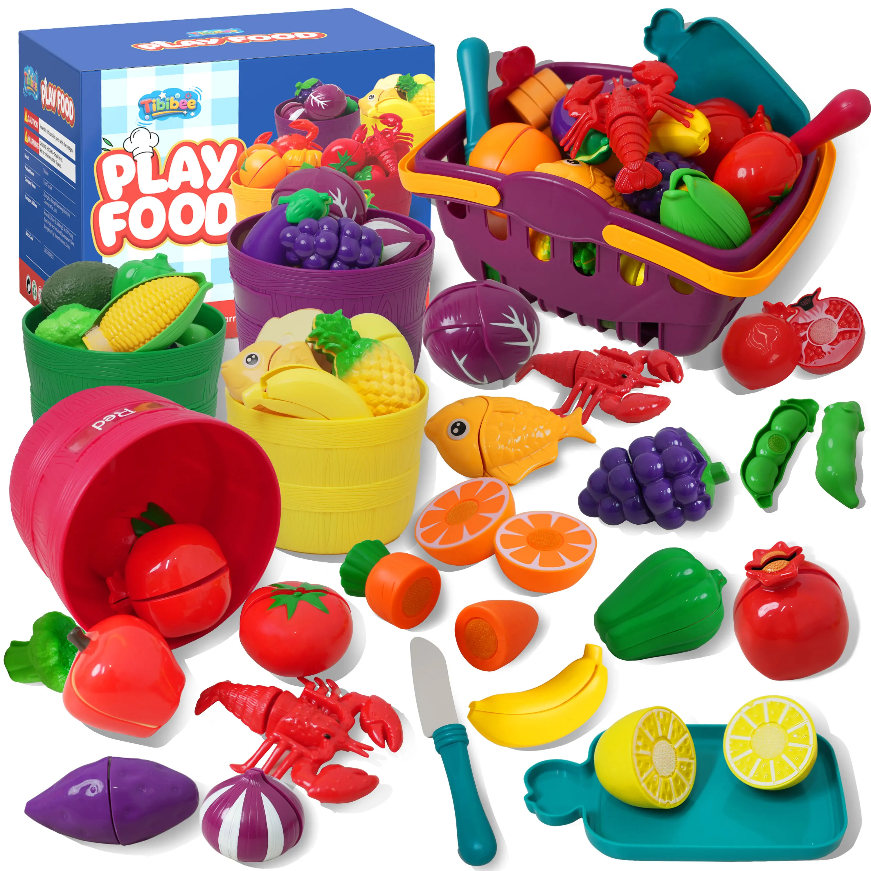 37Pcs Unisex Toddler Kitchen Pretend Play Food Cutting Set - Velcro Fruits & Vegetables Cooking Toys, 5 Color-Coded Buckets, Portable Storage Basket, Durable, Montessori Approved, Colorsort Practice, Sibling Playdate Gift Ideas for Kids Ages 3-5