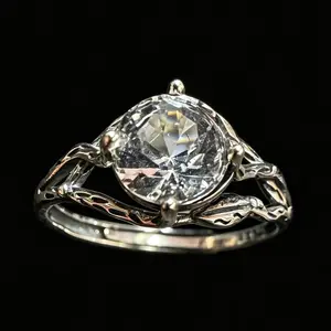 Twig & Leaf Clear Quartz Adjustable 925 Silver Ring (8mm)