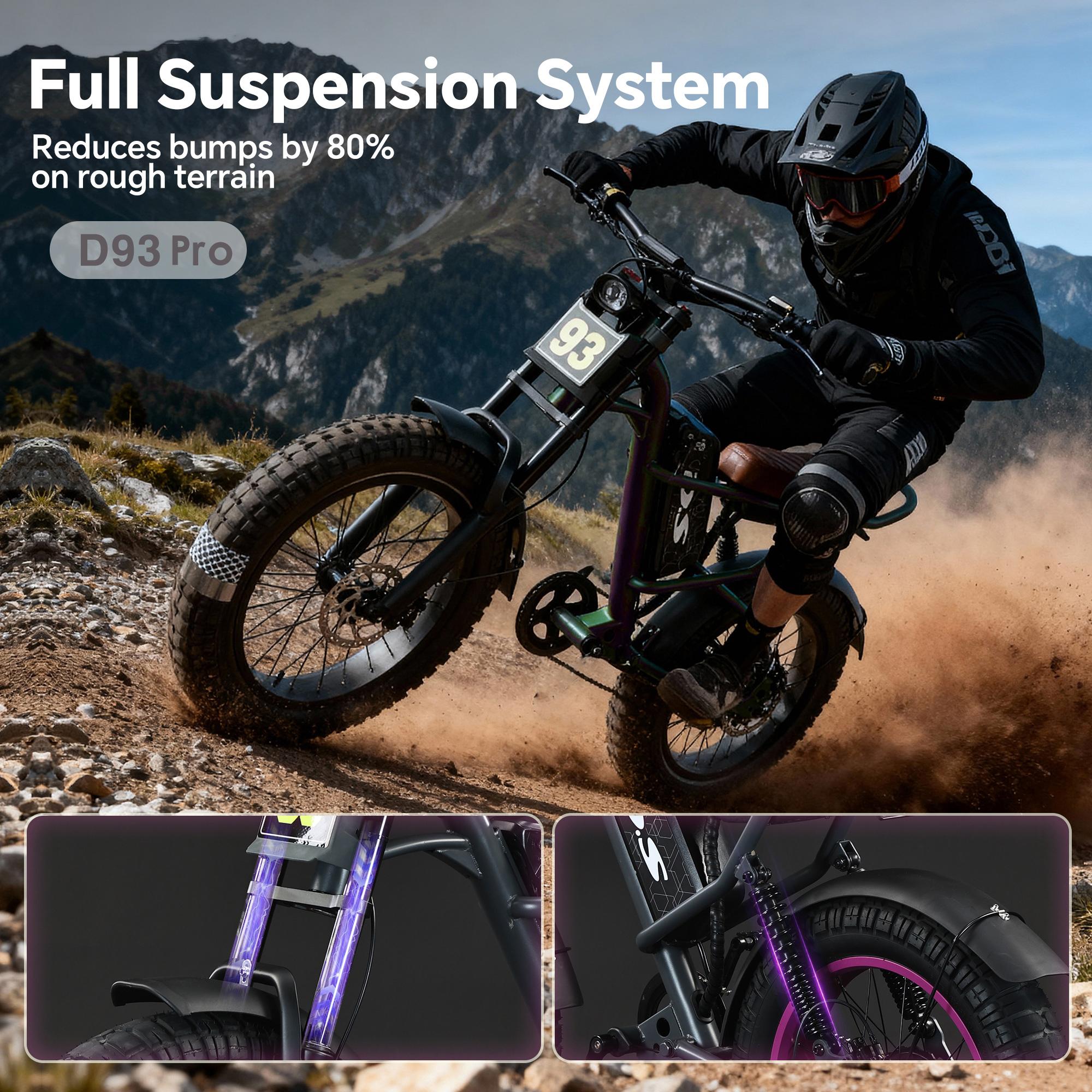 Upgraded electric bicycle maximum speed of 35~40 MPH  adopts a high carbon steel frame, hydraulic shock absorption, full suspension system, 48V 20.8AH 1500W motor, riding assistance range of 40-70 miles, 20 * 4.5-inch all terrain tires, snow tires