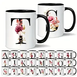 HarleyLand Initial A-Z Floral Botanical Bouquet Alphabet Monogrammed Monogram Mug,11 Oz Ceramic Tea Coffee Mugs,Birthday Gifts