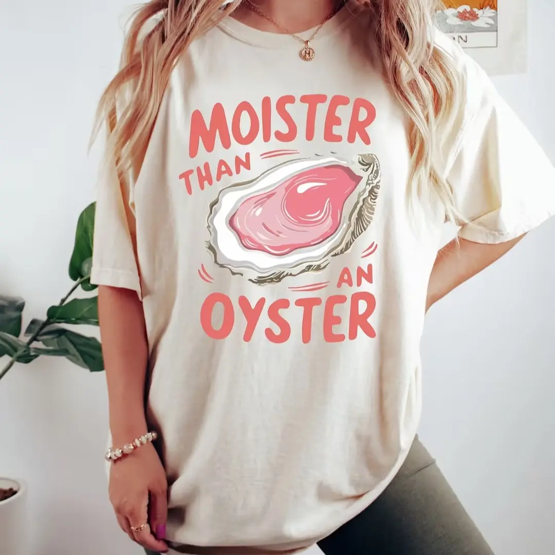 Moister Than An Oyster Graphic T-Shirt, Cute Hand Drawn Oyster Short Sleeve Tee, Women Vintage Washed Casual Seafood Lover Comfort Color Top