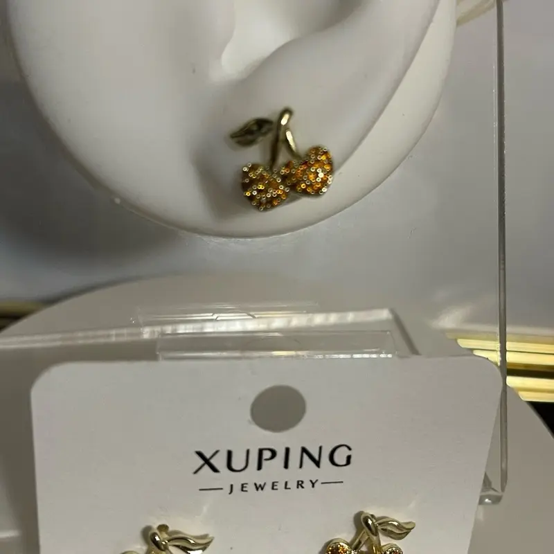 14K Xuping , cherry earrings with clear and red diamonds , high  quality  stainless steel