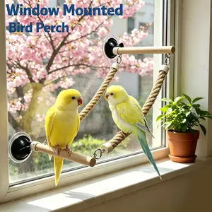 1pc, Grinding Wood+ Hemp Rope Perch Stand Pole, Multifunctional Two-Installation Method Parrot Swing for Small and Medium Birds, Can Be Suction Cup Mounted on Window Glass or Smooth Tiles, Also Screw Installed in Bird Cages, Perch for Birds to Bask.