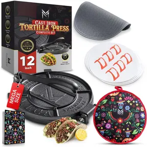 (R) - Tortilla Press 12 inch Cast Iron Tortillas Maker. A  Set with a Warmer Pouch, 6 Taco Holders,  Paper, Rubber Mat and Recipe E-book. The  Roti,Empanada Dough Machine