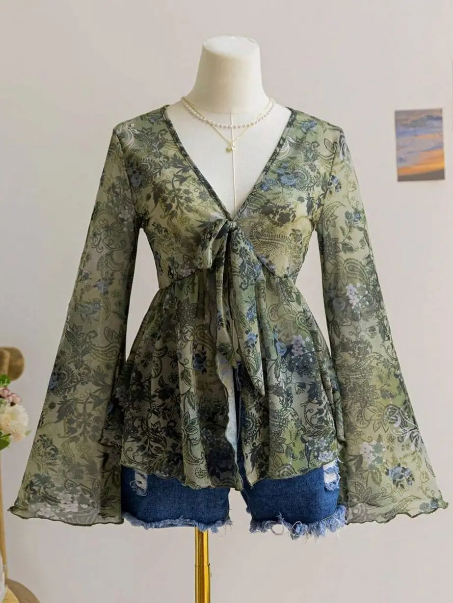 Women's Retro Newspaper Rose Print Blouse, V Neck Tie Front Bow Top, Flare Sleeve Asymmetrical Ruffle Hem A-Line Summer Shirt for Vacation, Brunch & Date Night