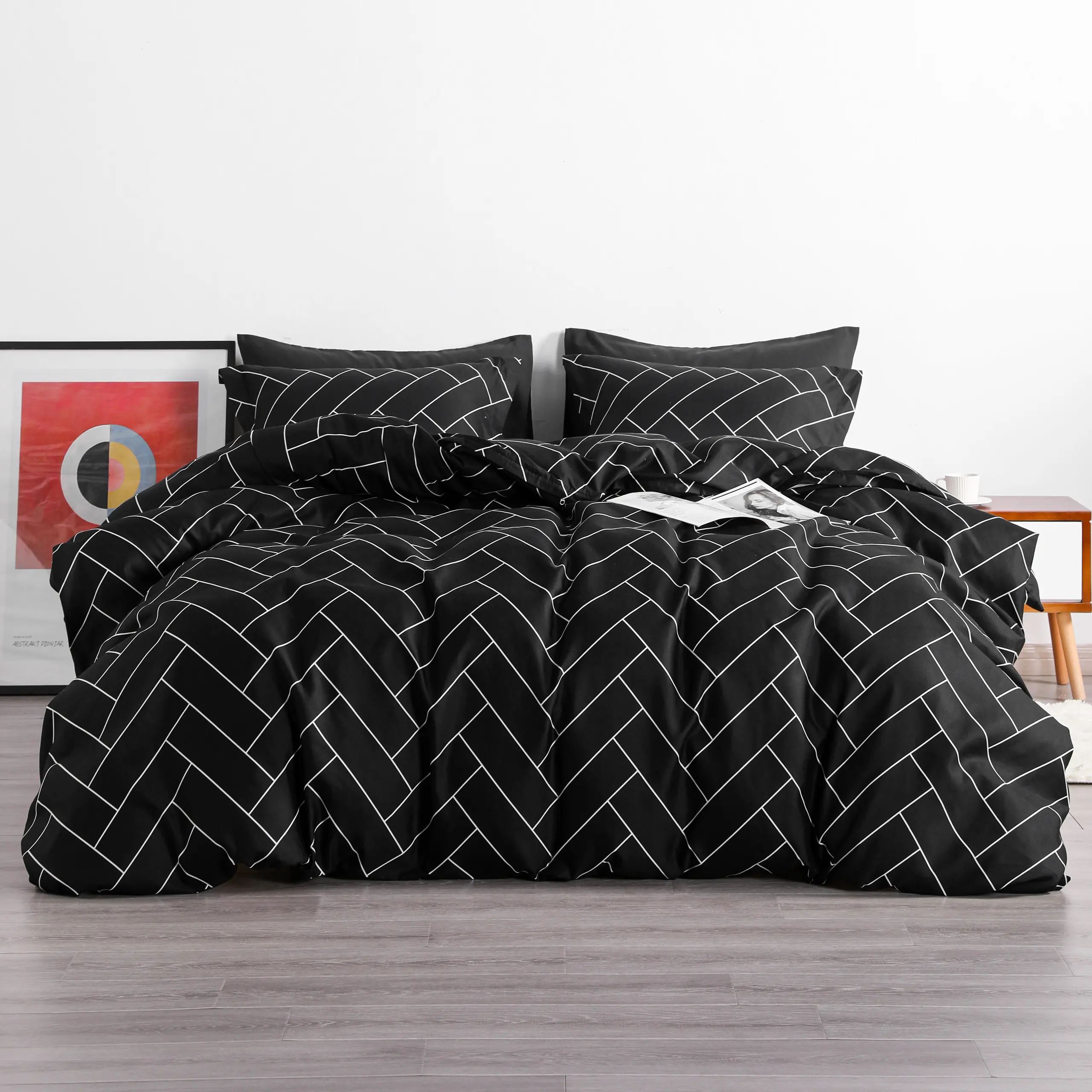 Bedsum 3/4 Pieces Microfiber Brick Printed Duvet Cover Set with Zipper Closure and Corner Ties