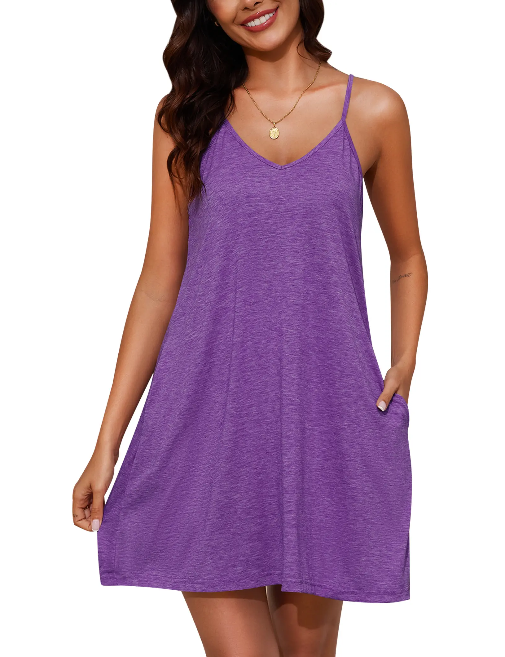 Festive Gift for Her - Plus Size Women's Purple Cotton Sleep Dress, Sleeveless Spaghetti Strap V-Neck Slip Nightgown with Pockets for Christmas, Comfort & Gift Idea#Summervibes
