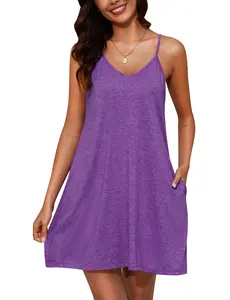 Festive Gift for Her - Plus Size Women's Purple Cotton Sleep Dress, Sleeveless Spaghetti Strap V-Neck Slip Nightgown with Pockets for Christmas, Comfort & Gift Idea#Summervibes