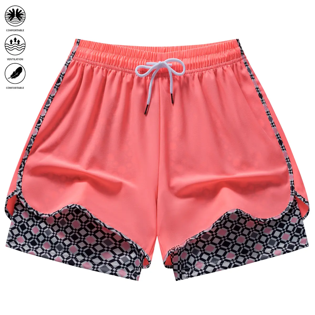 Women's 2-in-1 Quick-Dry Breathable Printed Shorts - Sweet Pink Geometric Print, Anti-Chafe Lining, Skin-Friendly, Drawstring Elastic Sporty Active Shorts for Gym, Jogging, Summer Everyday Wear, Drawstring Active Shorts