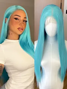 Light Blue Long Silk Straight Hair Synthetic Heat Resistant Wig Heat Fiber Pre Pluncked Sky Blue Hair Lace Front Wigs for Women Men Use 13*4 Deep Lace 26 Inches Cosplay Makeup Hair Costume Wig