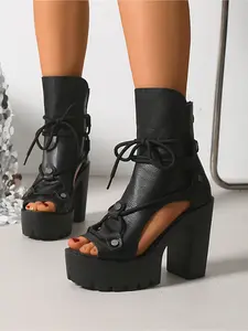 Women's Chunky Block Heel Booties, Comfy Lace-Up Cutout Platform Shoes for Daily Wear