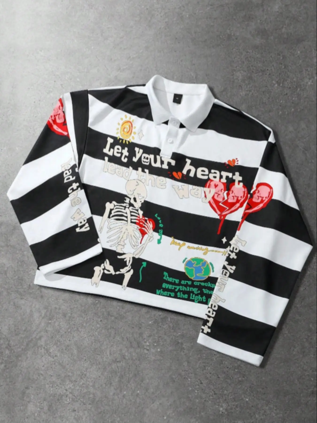 Street fashion casual Classic printed striped Polo collar lapel long sleeved T-shirt unisex bee print black and white striped polo shirt Summer Casual Top Collared Polo Shirts
