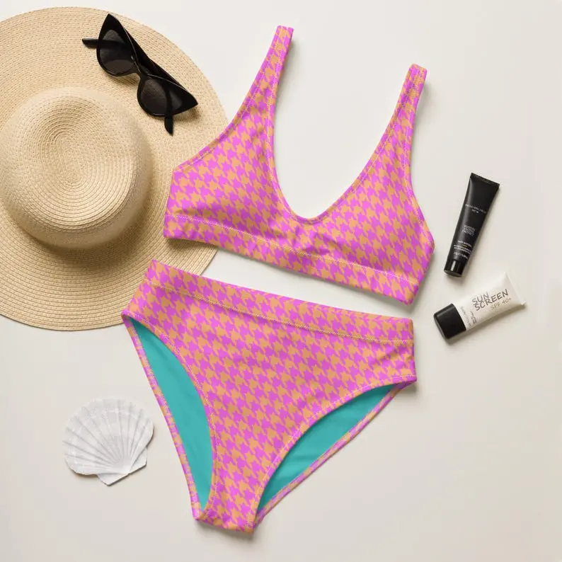 Preppy bikini, Hot pink bikini, Teen Swimwear, Sporty Bikinis, pink houndstooth, Retro Bikini, Beach Bikini, High Waisted Swimsuit