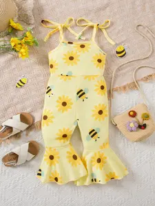 Cute Bee/daisy Print Waffle Knit Halter Bell Bottom Jumpsuit for Girls, Summer Casual One-Piece, Kids Fashion Clothing, Fine Girls Outfit
