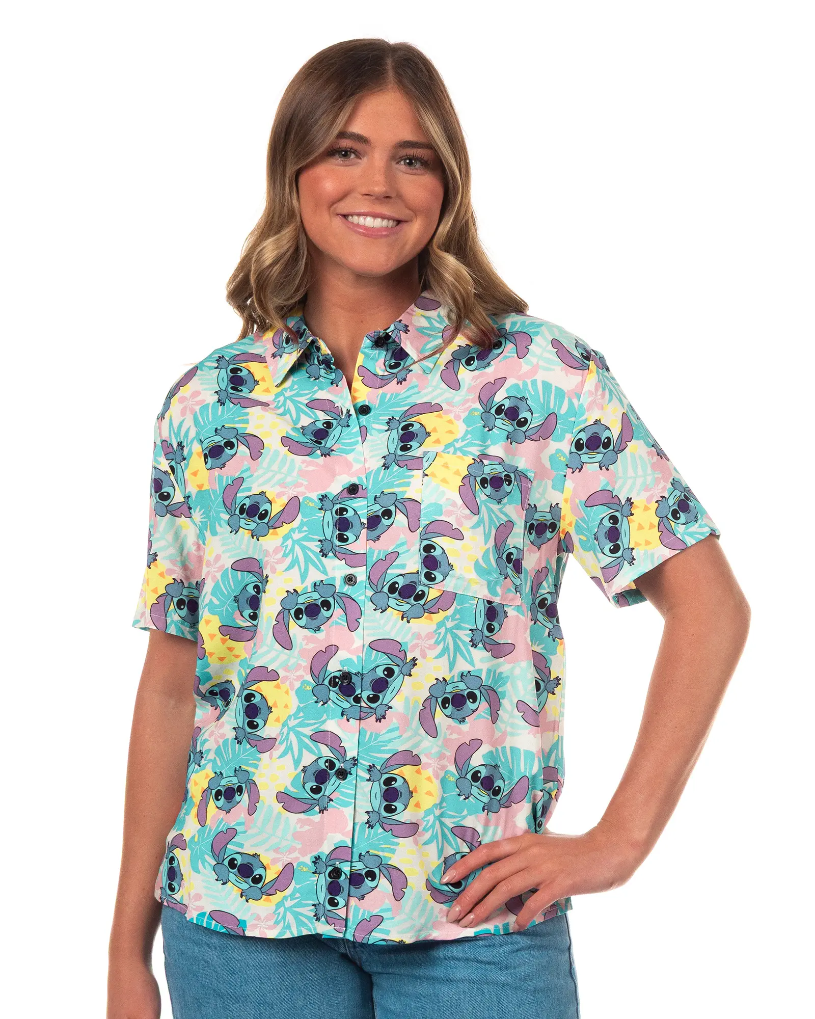 Disney Lilo and Stitch Hawaiian Shirt Junior Women's Tropical Pineapples Button Up Woven Top