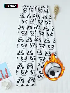 Women's Winter Cute Panda Print Soft Comfortable Flannel Pajamas, Pjs, Fitted Casual Sleepwear, Cozy Animal Pattern Loungewear Pants, Womenswear