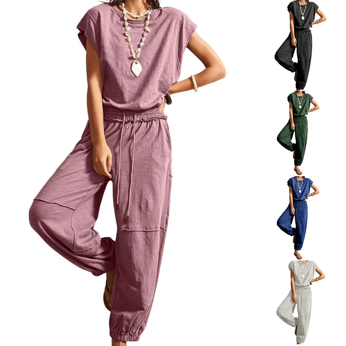 SCUSTY Women's Hollow Out Boho Jumpsuit Bohemian Short Sleeve Drawstring Waist Cuffed Ankle Playsuit Casual Solid Knitted Lounge Set
