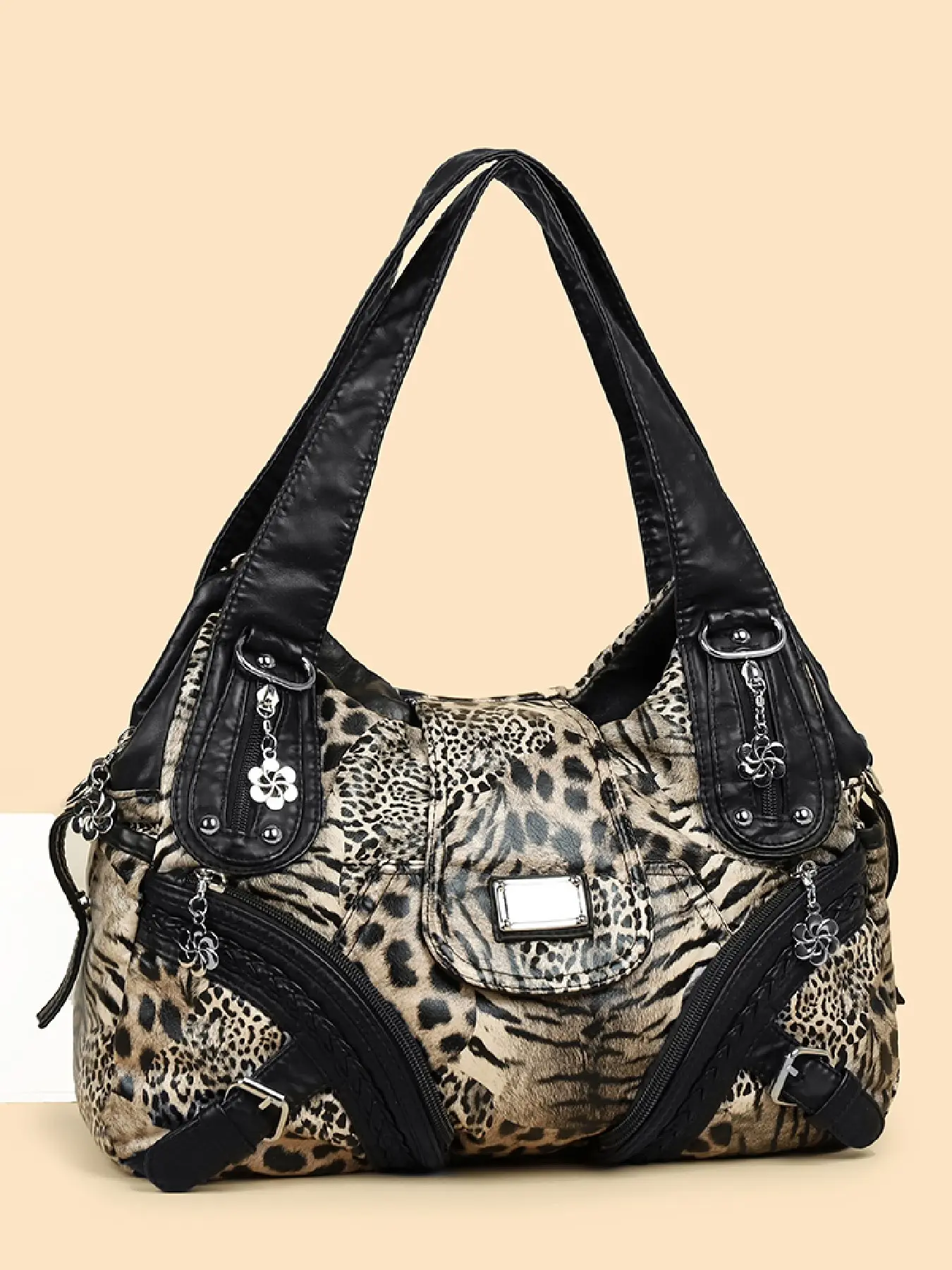 Women's Large Capacity Leopard Print Casual Shoulder Bag, Crossbody Shoulder Bag, Y2K Retro Hobo Handbag, Casual Fashion Bag, Silver Color Accents, Multiple Pockets, Zip Closure, Ideal for Daily Use & Travel