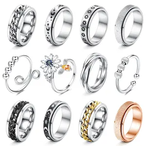 FASACCO 12pcs Anxiety Relief Fidget Spinner Rings Adjustable Stainless Steel Anti-Anxiety Jewelry for Women & Men Stress Management Trendy Jewellery Accessories Summervibes