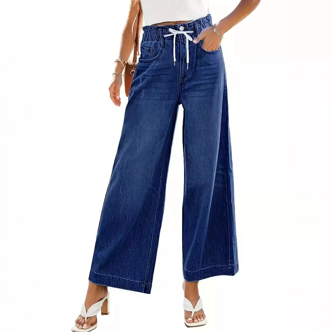 Women's 2025 New Elastic Adjustable Drawstring Wide Leg Straight Jeans, Streetwear Minimalist Elegant Style with Pocket, Bottom, Denim, Fit, Pants, Outfits, Tops