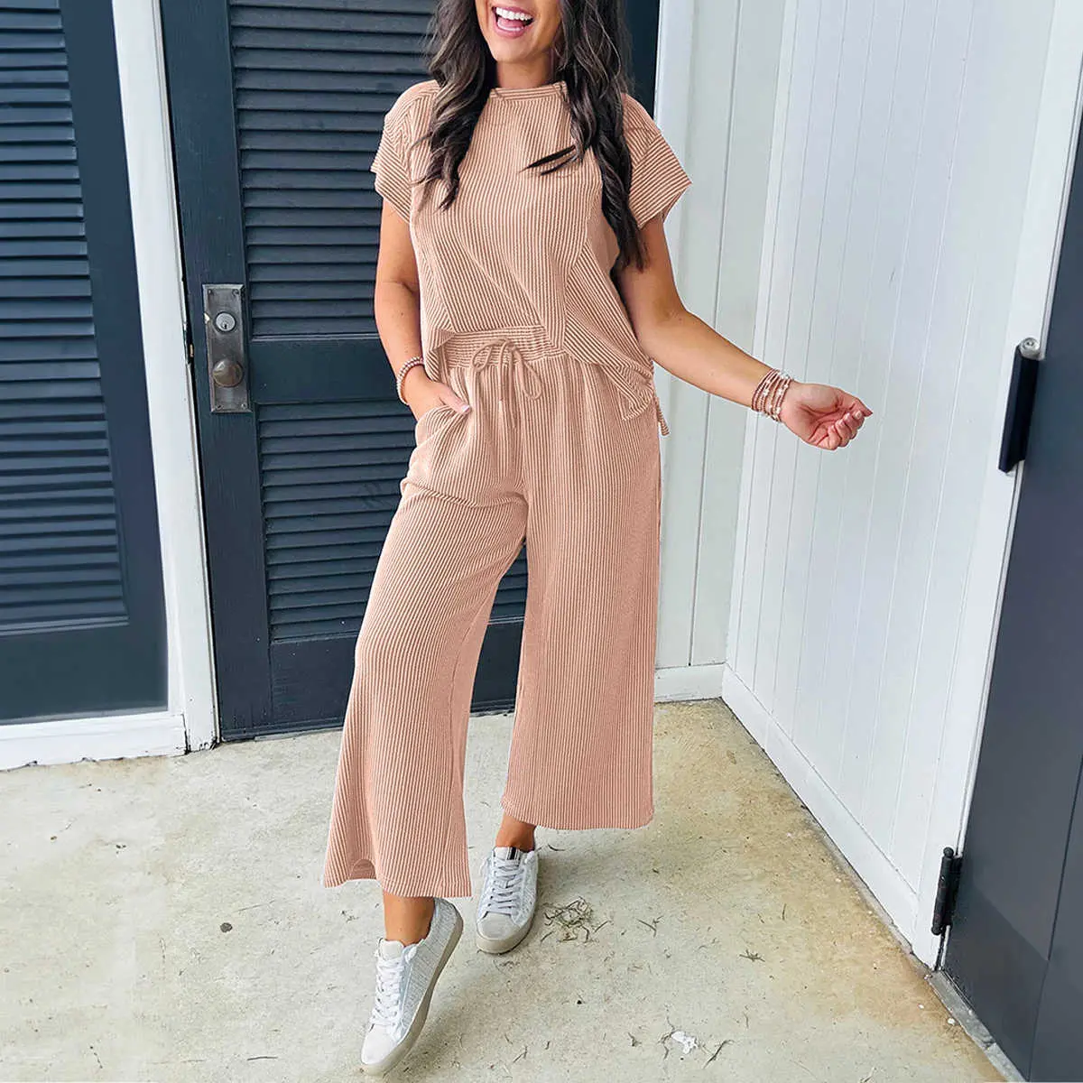 Smoke Gray Solid Corded Knit Short Sleeve T Shirt and Wide Leg Pants Set